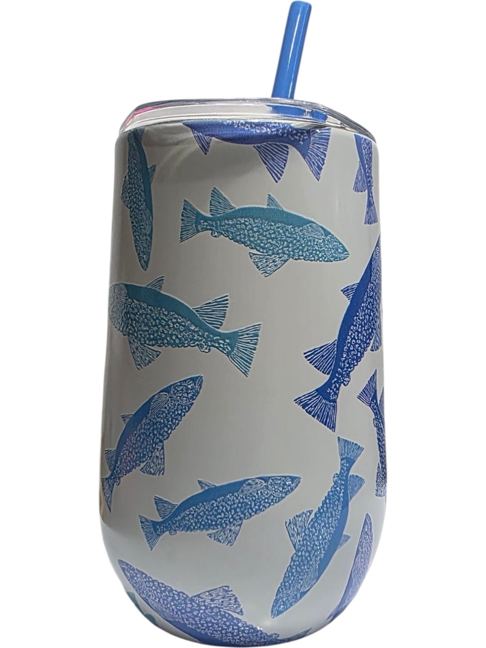 Betsey Johnson 16oz Insulated Wine Tumbler With Straw Fish Print Blue White NWT - Picture 2 of 3